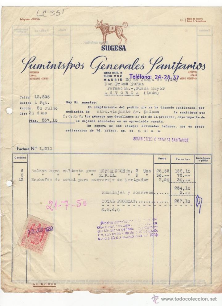 Fatture antiche: FACTURA.SUMINISTROS GENERALES SANITARIOS.ASTORGA,1950.