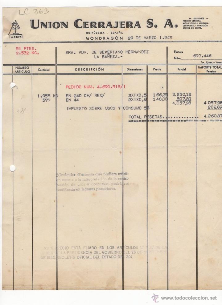 Fatture antiche: FACTURA.UNION CERRAJERA S.A.LA BA&Ntilde;EZA,1943.