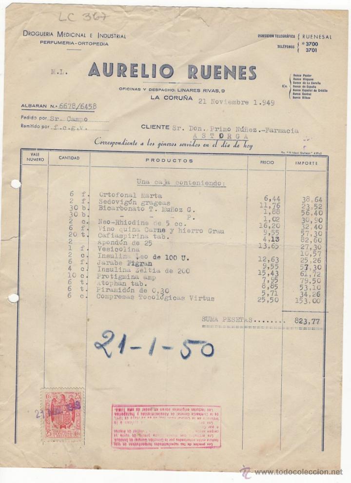 Fatture antiche: FACTURA.AURELIO RUENES ,DROGUERIA,LA CORU&Ntilde;A,1949.