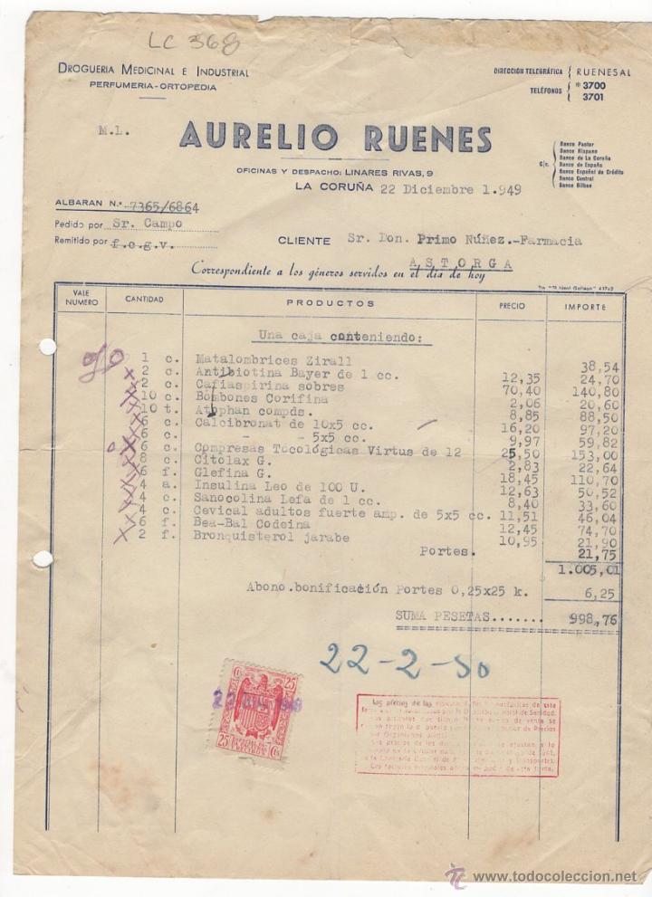 Fatture antiche: FACTURA.AURELIO RUENES ,DROGUERIA,LA CORU&Ntilde;A,1949.