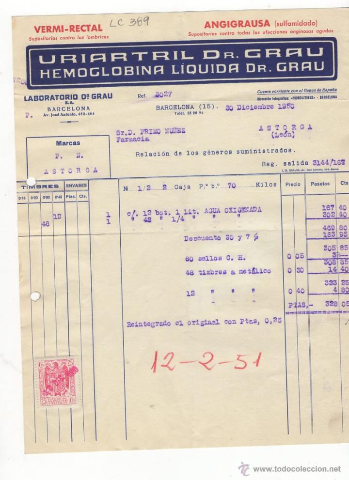 Fatture antiche: FACTURA.LABORATORIO DR.GRAU.BARCELONA,1950.