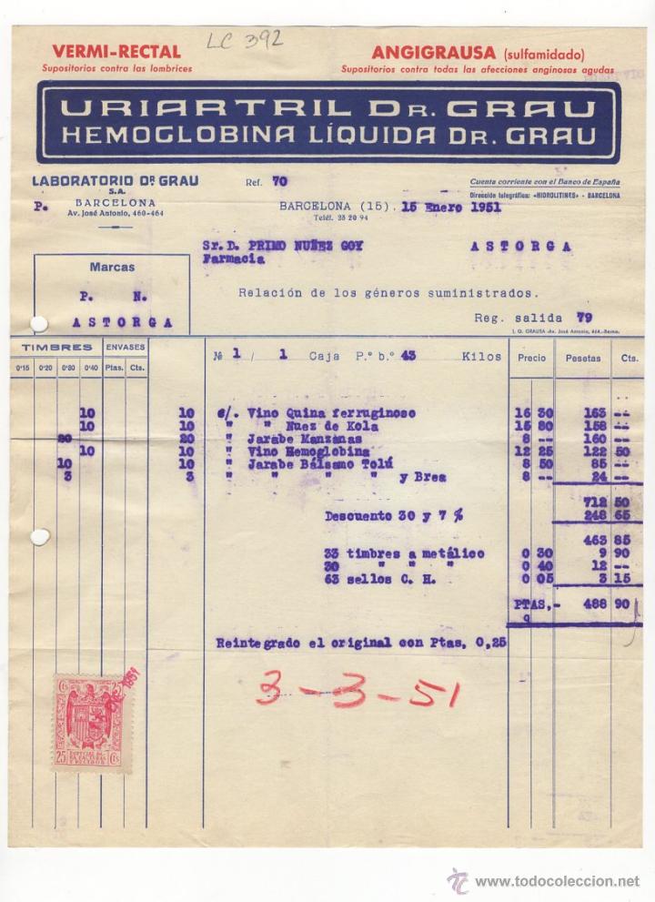 Fatture antiche: FACTURA.LABORATORIO DR.GRAU.BARCELONA,1951.