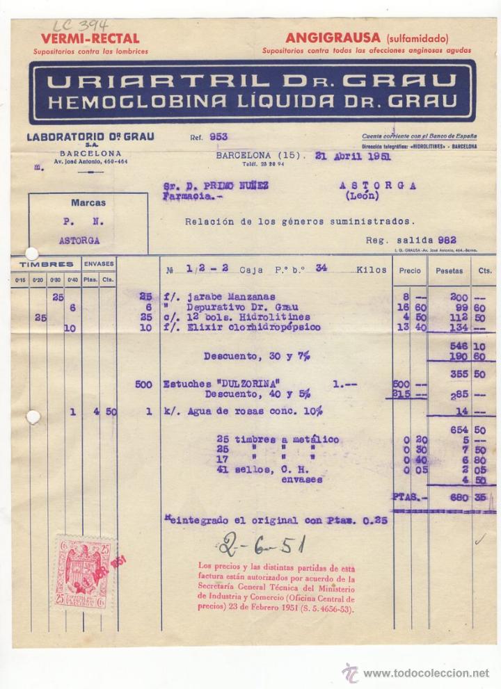 Fatture antiche: FACTURA.LABORATORIO DR.GRAU.BARCELONA,1951.