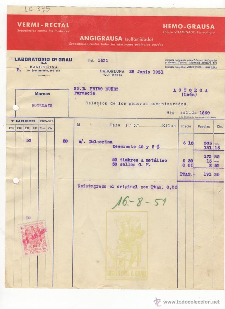 Fatture antiche: FACTURA.LABORATORIO DR.GRAU.BARCELONA,1951.