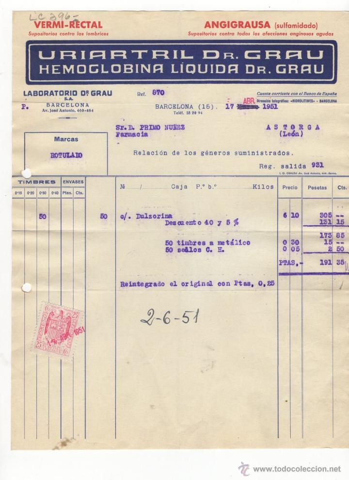 Fatture antiche: FACTURA.LABORATORIO DR.GRAU.BARCELONA,1951.