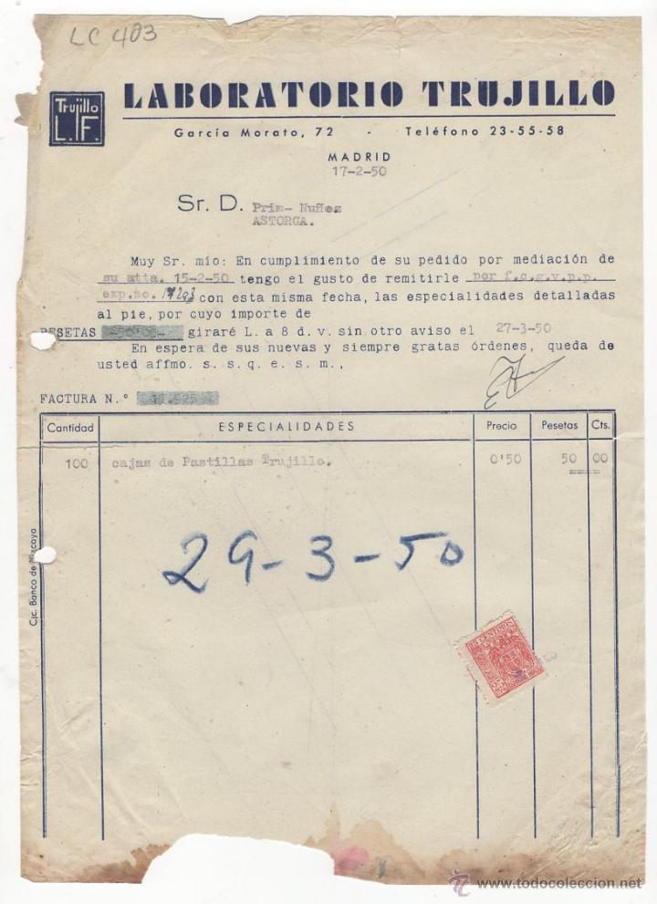 Fatture antiche: FACTURA.LABORATORIO TRUJILLO. MADRID,1950.