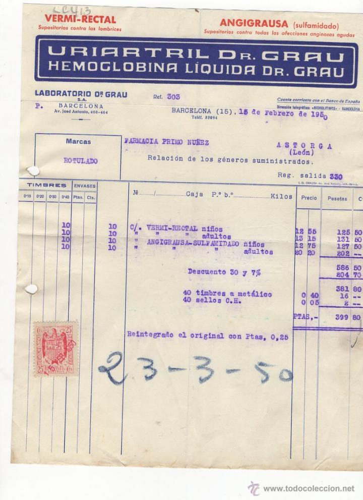 Fatture antiche: FACTURA.LABORATORIO DR.GRAU.BARCELONA,1950.