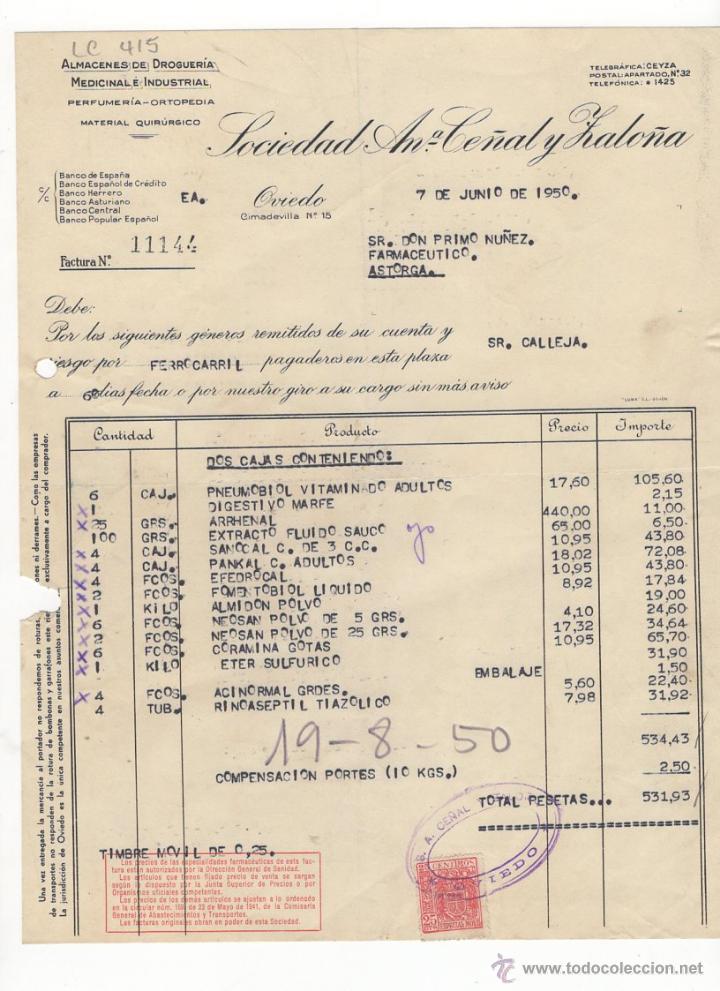 Fatture antiche: FACTURA.SOCIEDAD ANONIMA CE&Ntilde;AL Y ZALO&Ntilde;A.OVIEDO ,1950.
