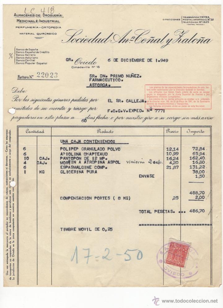Fatture antiche: FACTURA.SOCIEDAD ANONIMA CE&Ntilde;AL Y ZALO&Ntilde;A.OVIEDO ,1949.