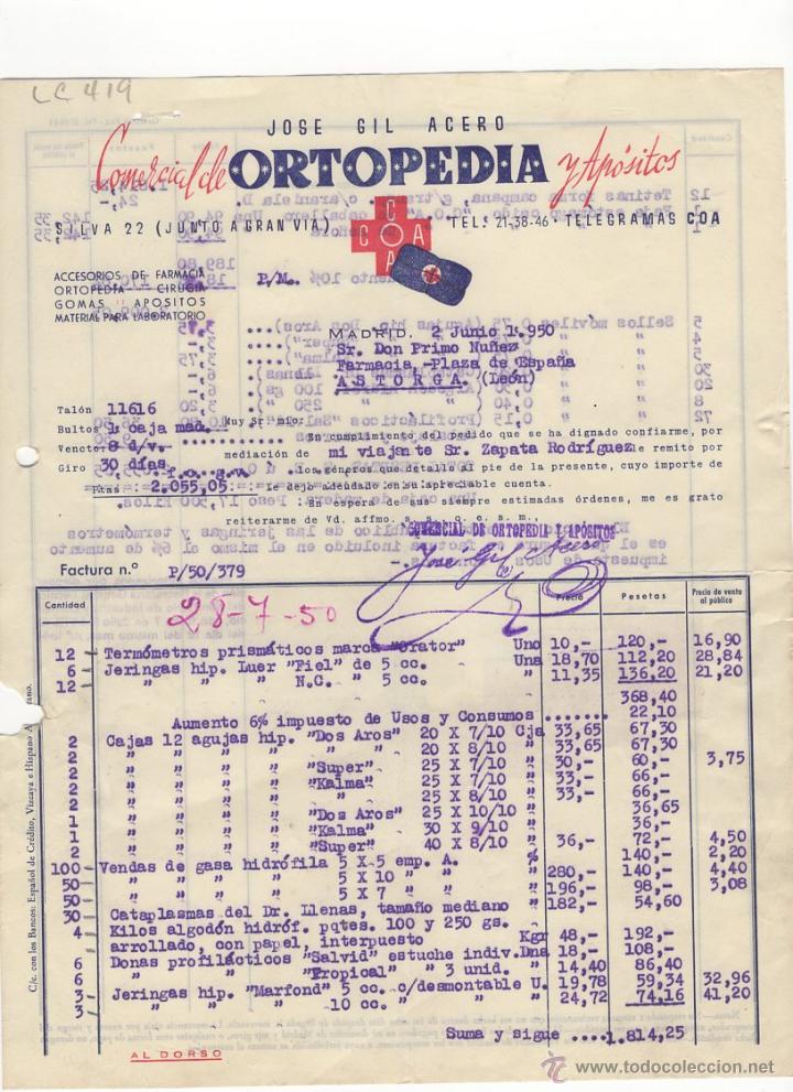 Fatture antiche: FACTURA.JOSE GIL ACERO.ORTOPEDIA.MADRID 1950.