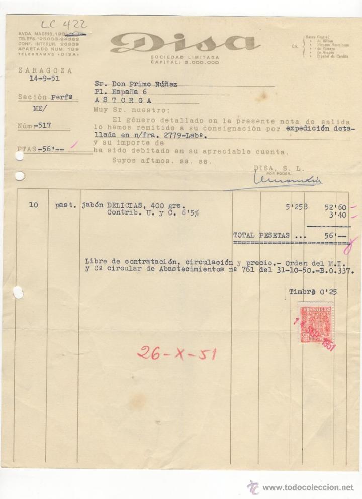 Fatture antiche: FACTURA.DISA.SOCIEDAD LIMITADA.ZARAGOSA,1951.