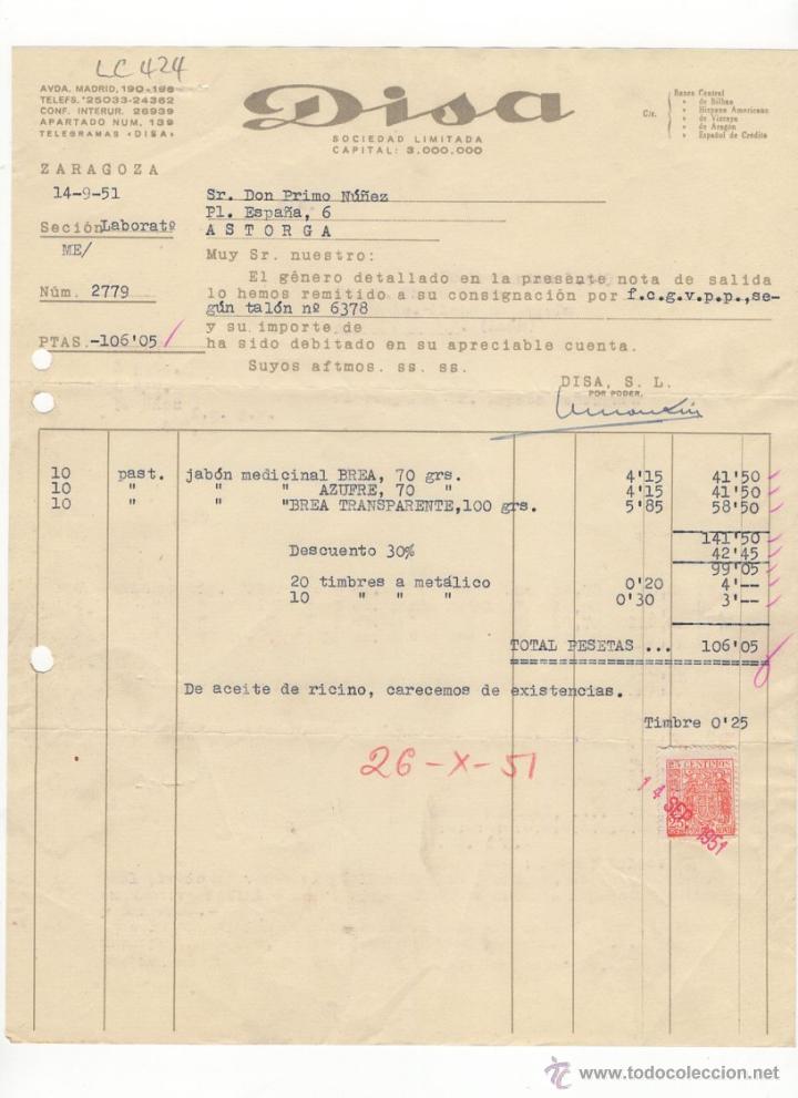 Fatture antiche: FACTURA.DISA.SOCIEDAD LIMITADA.ZARAGOSA,1951.