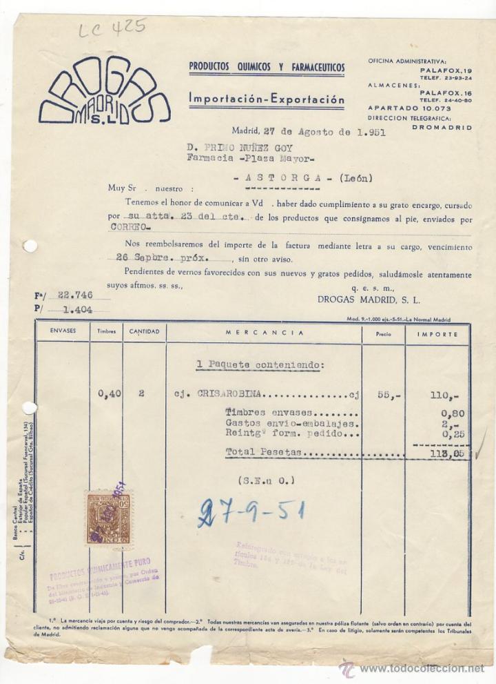 Fatture antiche: FACTURA.DROGAS.S.L.PRODUCTOS QUIMICOS Y FARMACEUTICOS.MADRID ,1951.