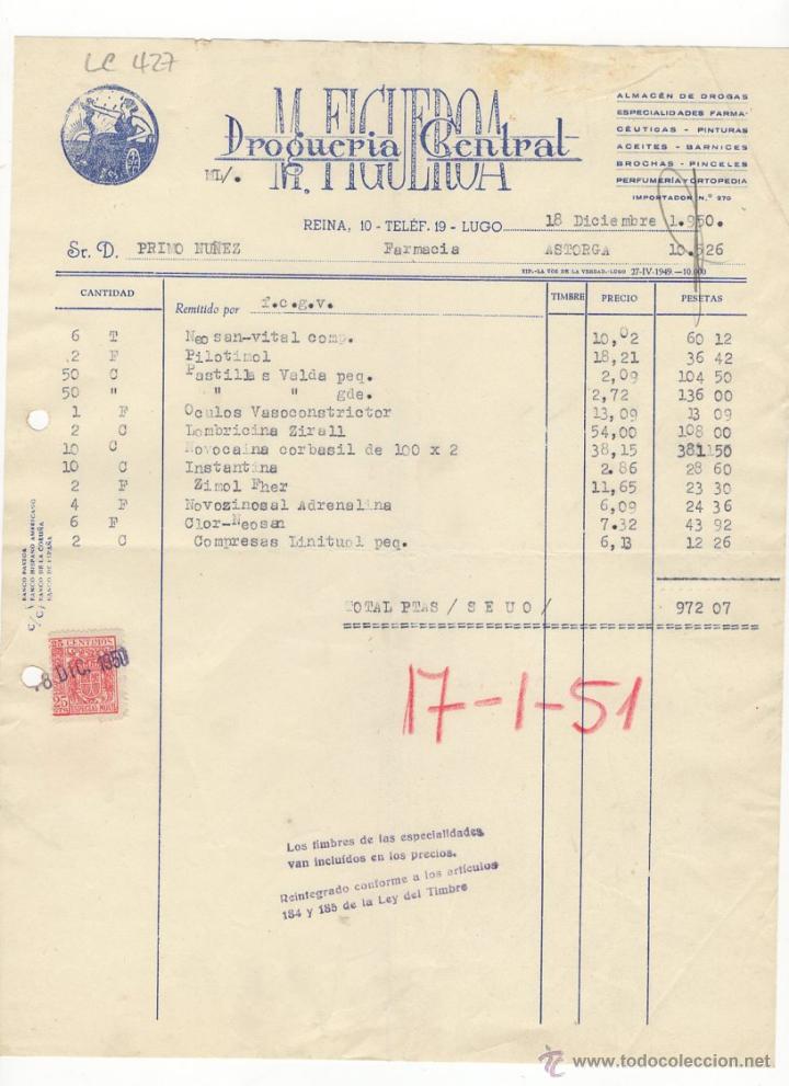 Fatture antiche: FACTURA.DROGUERIA CENTRAL.M. FIGUEROA.ASTORGA.1950.