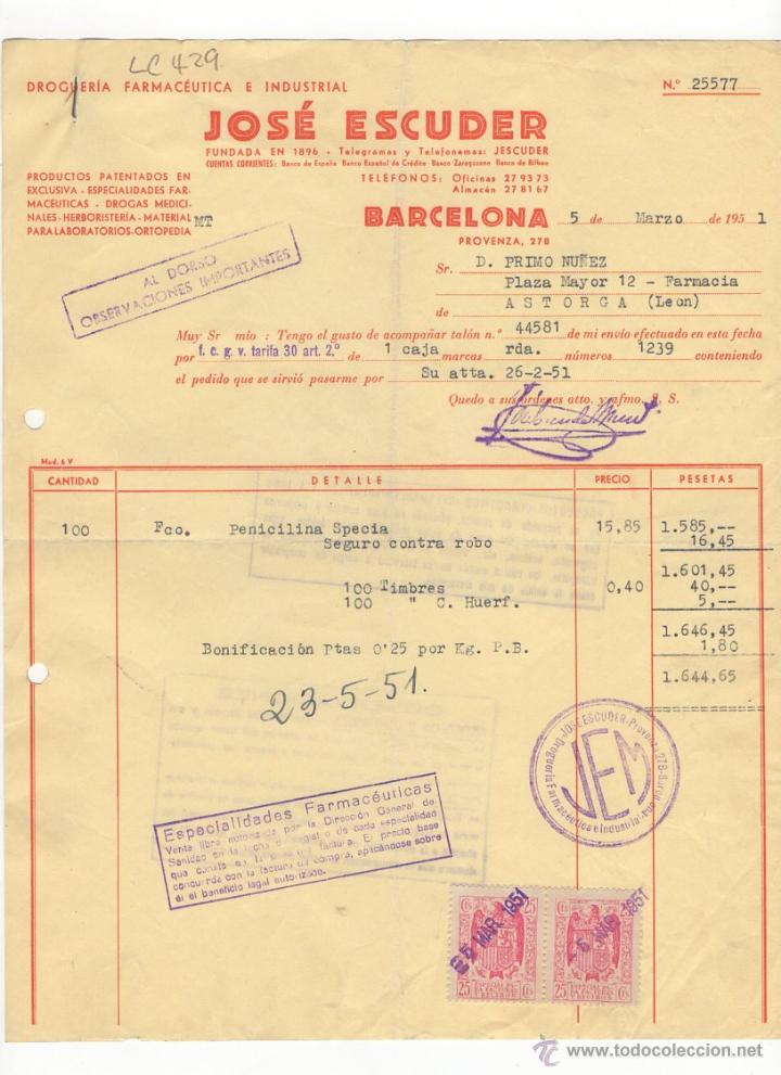 Fatture antiche: FACTURA.JOSE ESCUDER.DROGUERIA FARMACEUTICA E INDUSTRIAL.BARCELONA,1951.