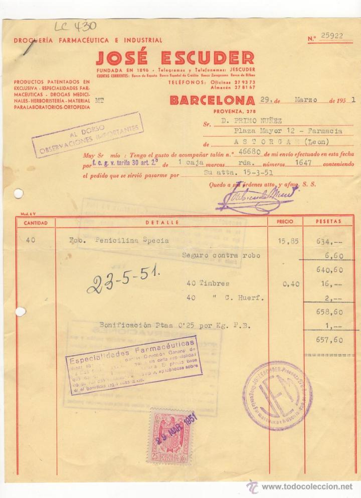 Fatture antiche: FACTURA.JOSE ESCUDER.DROGUERIA FARMACEUTICA E INDUSTRIAL.BARCELONA,1951.