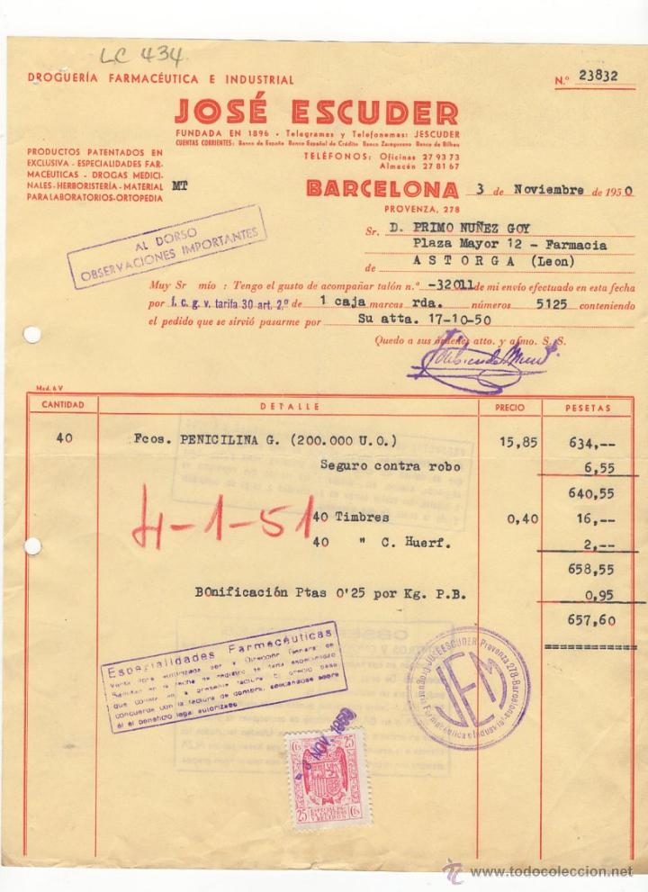 Fatture antiche: FACTURA.JOSE ESCUDER.DROGUERIA FARMACEUTICA E INDUSTRIAL.BARCELONA,1950.