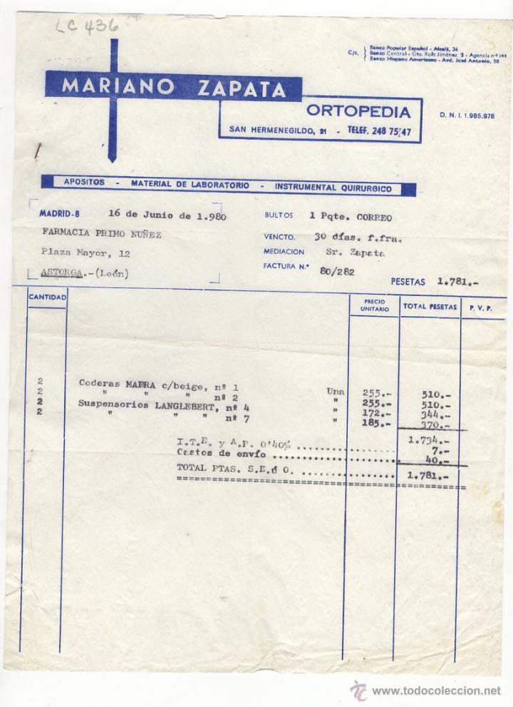 Fatture antiche: FACTURA.MARIANO ZAPATA.ORTOPEDIA.MADRID,1980.