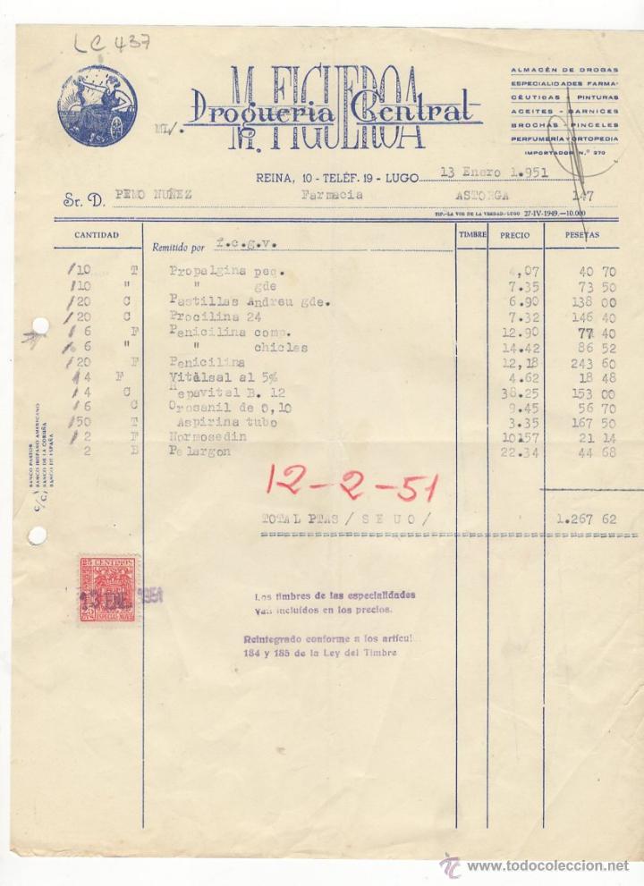 Fatture antiche: FACTURA.M. FIGUEROA.DROGUERIA CENTRAL.ASTORGA,1951.