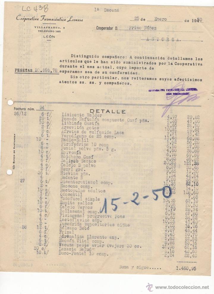 Fatture antiche: FACTURA.COOPERATIVA FARMACEUTICA LEONESA,S.L.,ASTORGA 1950.