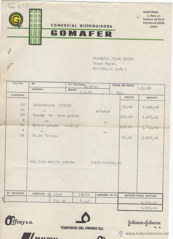 Fatture antiche: FACTURA.COMERCIAL DISTRIBUIDORA GOMAFER.LEON ,1980.