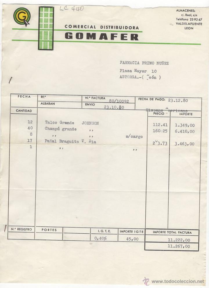 Fatture antiche: FACTURA.COMERCIAL DISTRIBUIDORA GOMAFER.LEON ,1980.