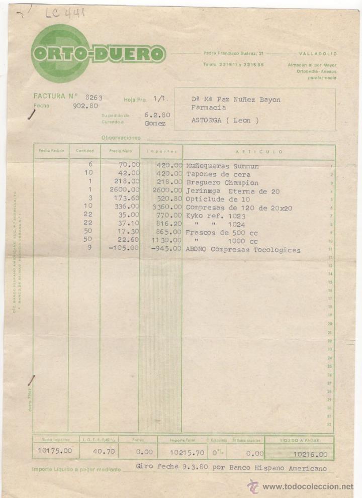 Fatture antiche: FACTURA.ORTO- DUERO.FARMACIA.LEON,1980.