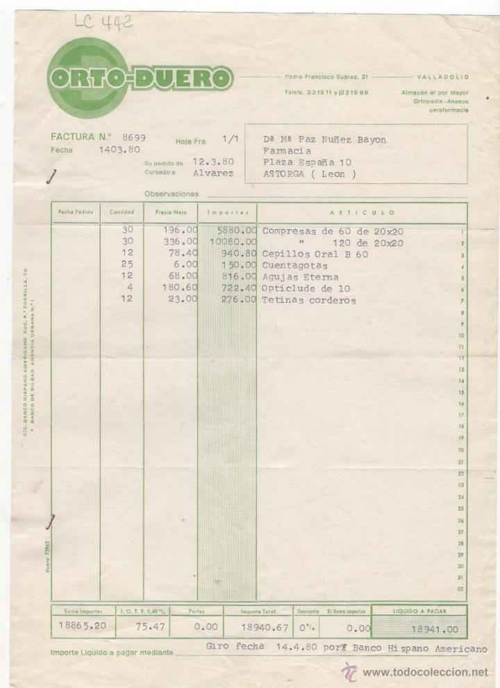 Fatture antiche: FACTURA.ORTO- DUERO.FARMACIA.LEON,1980.