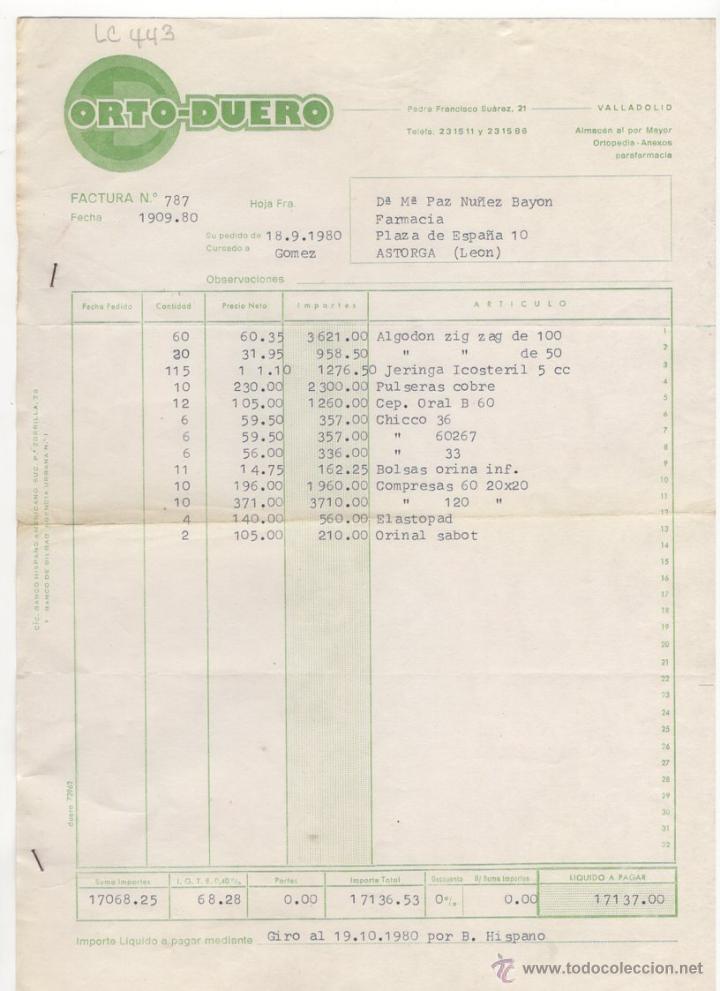 Fatture antiche: FACTURA.ORTO- DUERO.FARMACIA.LEON,1980.