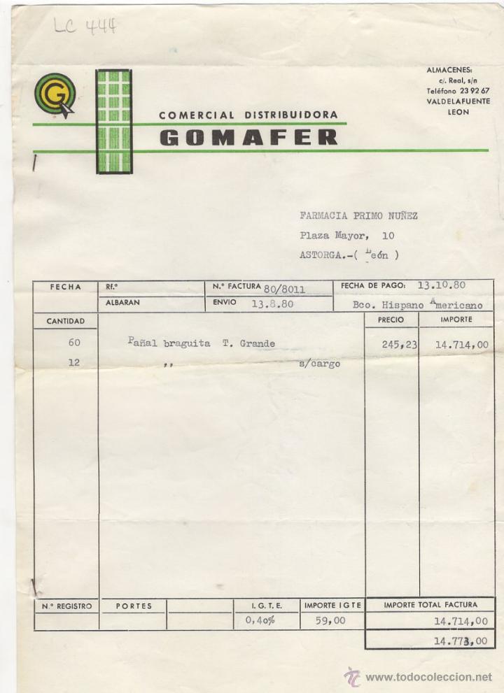 Fatture antiche: FACTURA.COMERCIAL DISTRIBUIDORA GOMAFER.LEON ,1980.
