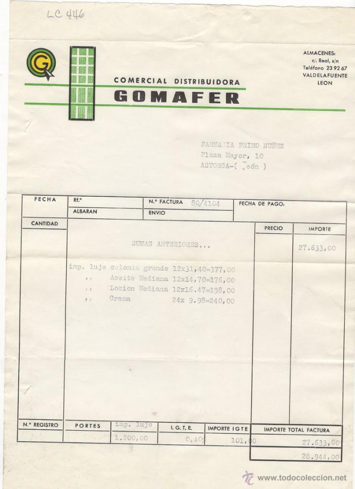 Fatture antiche: FACTURA.COMERCIAL DISTRIBUIDORA GOMAFER.LEON ,1980.