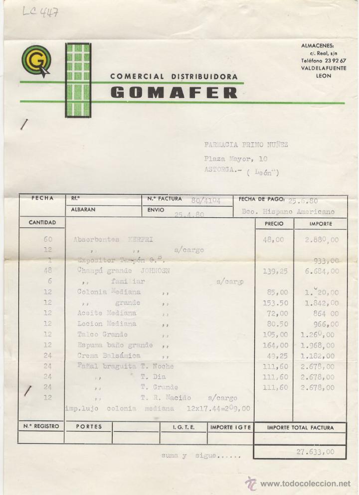 Fatture antiche: FACTURA.COMERCIAL DISTRIBUIDORA GOMAFER.LEON ,1980.
