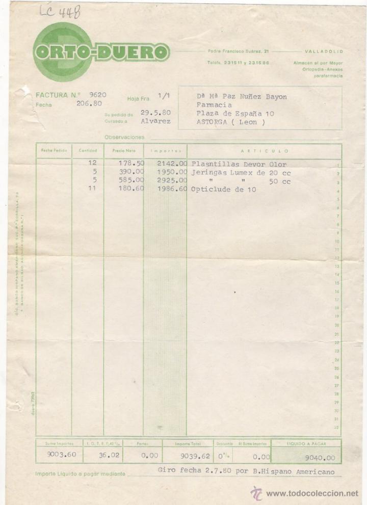 Fatture antiche: FACTURA.ORTO- DUERO.FARMACIA.LEON,1980.