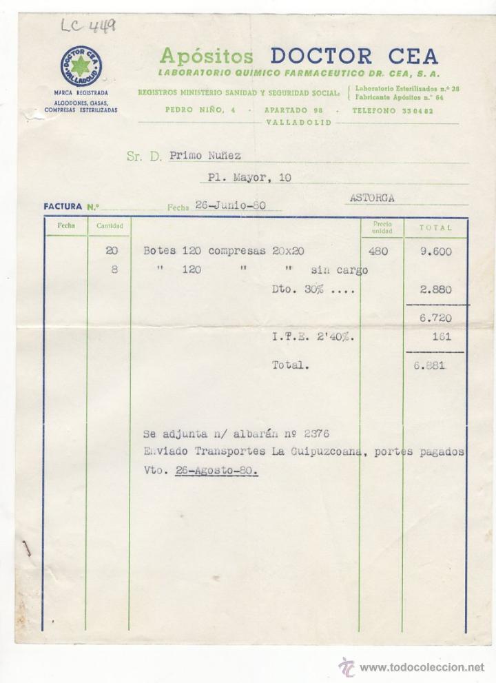Fatture antiche: FACTURA.APOSITOS DOCTOR CEA.LABORATORIO FARMACEUTICO.ASTORGA ,1980.