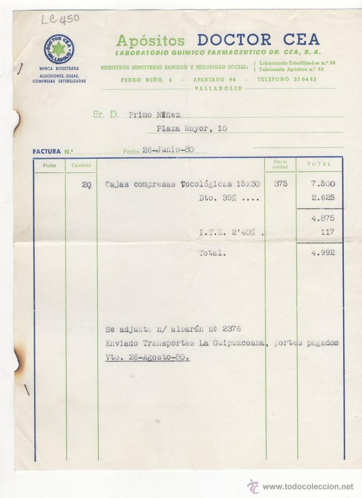 Fatture antiche: FACTURA.APOSITOS DOCTOR CEA.LABORATORIO FARMACEUTICO.ASTORGA ,1980.