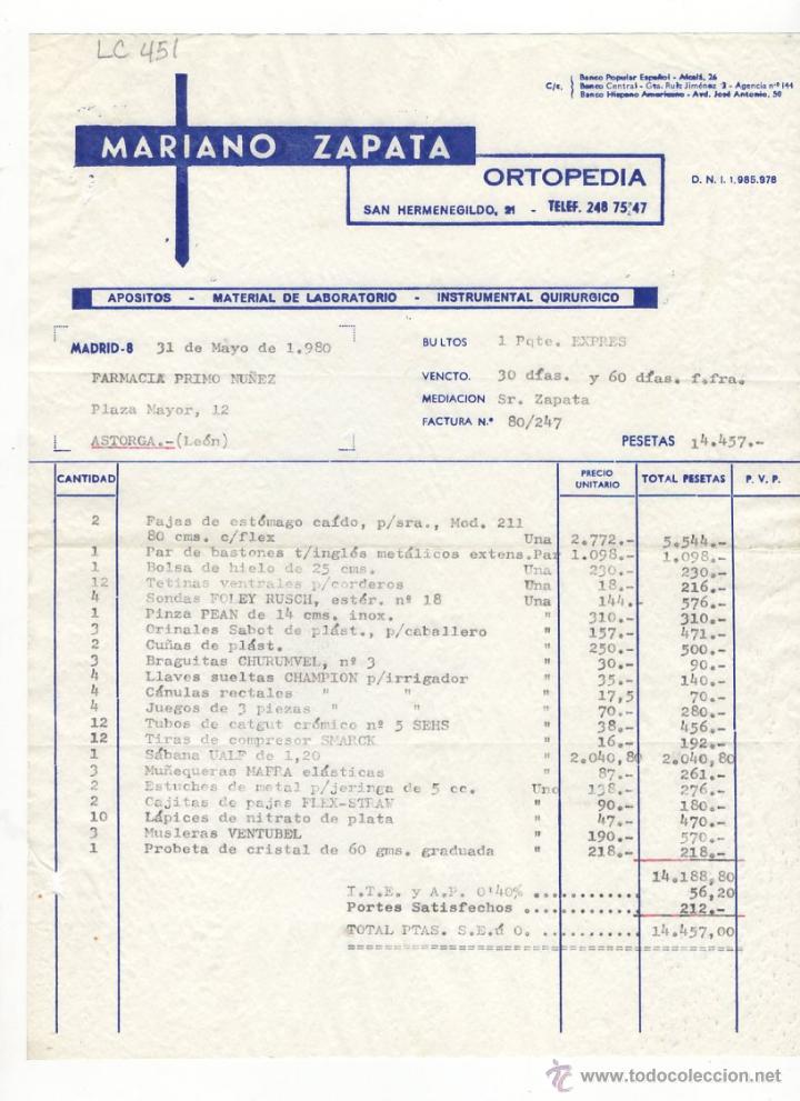 Fatture antiche: FACTURA.MARIANO ZAPATA.ORTOPEDIA.MADRID,1980.
