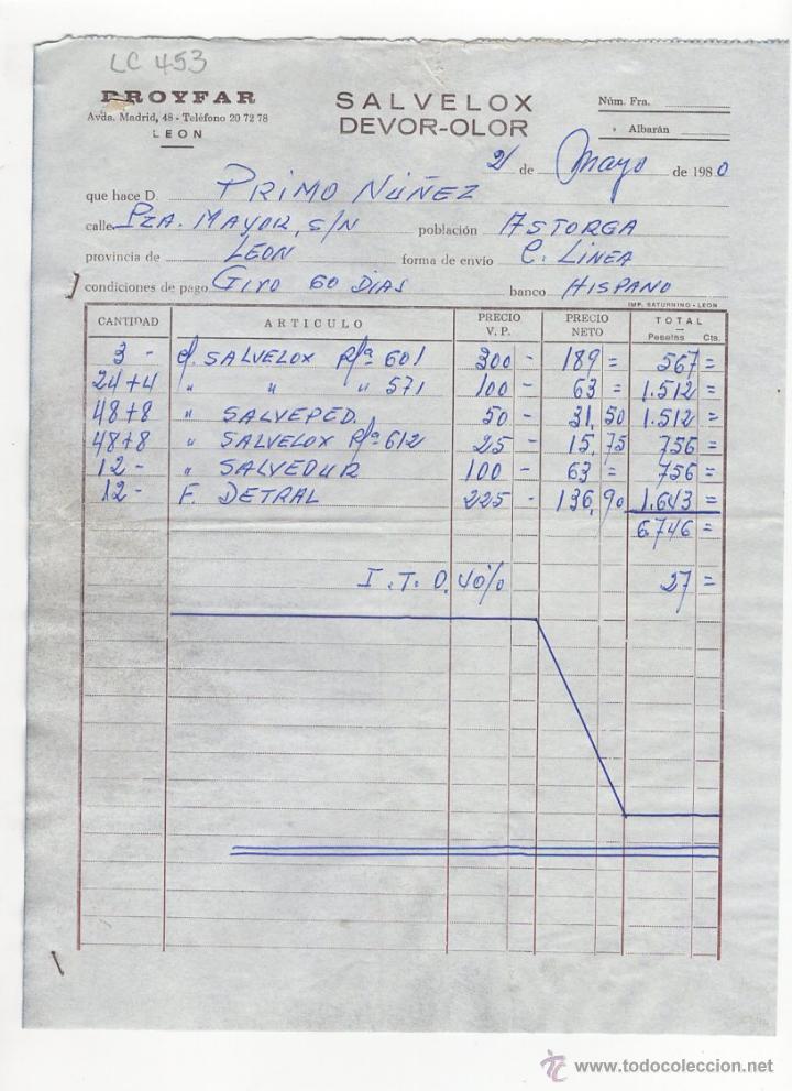 Fatture antiche: FACTURA.SALVELOX DEVOR OLOR.,ASTORGA,1980.