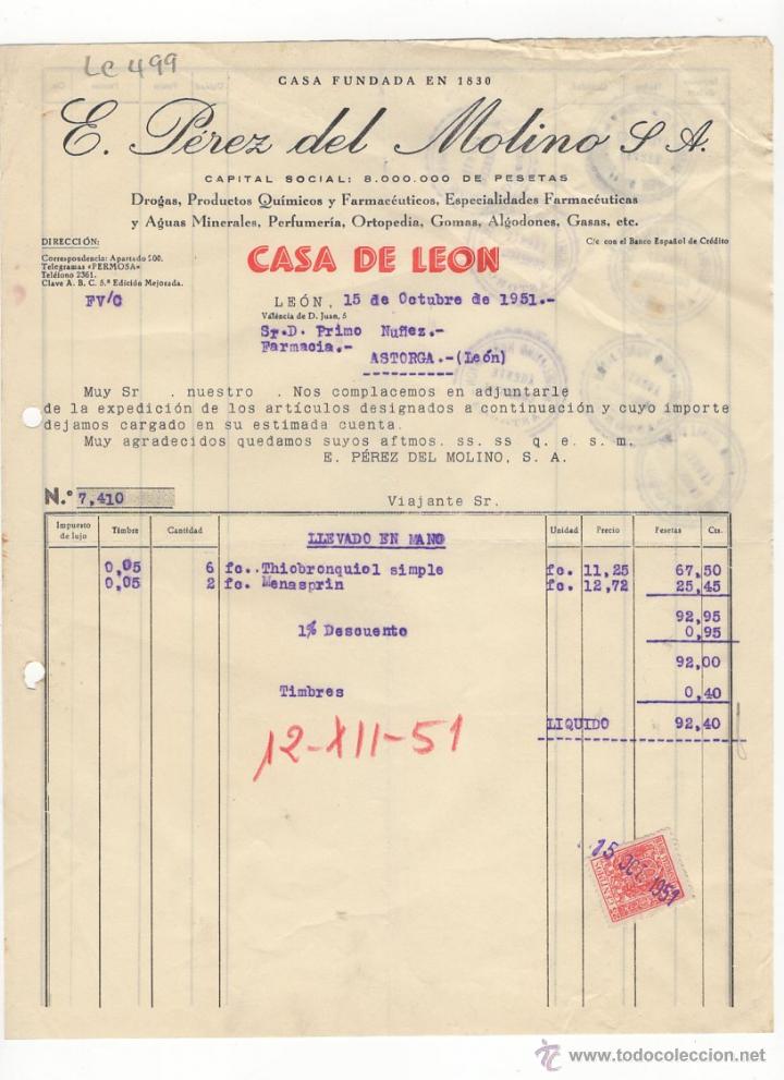 Facturas antiguas: FACTURA.E.PEREZ DEL MOLINO, S.A.FARMACIA,LEON 1951.