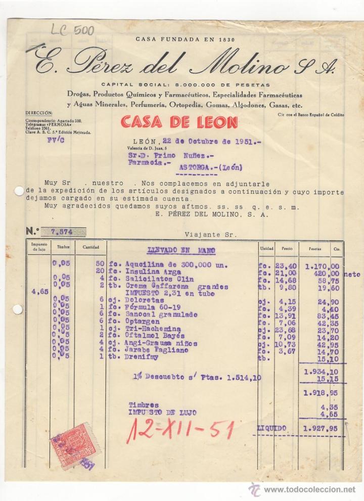 Facturas antiguas: FACTURA.E.PEREZ DEL MOLINO, S.A.FARMACIA,LEON 1951.