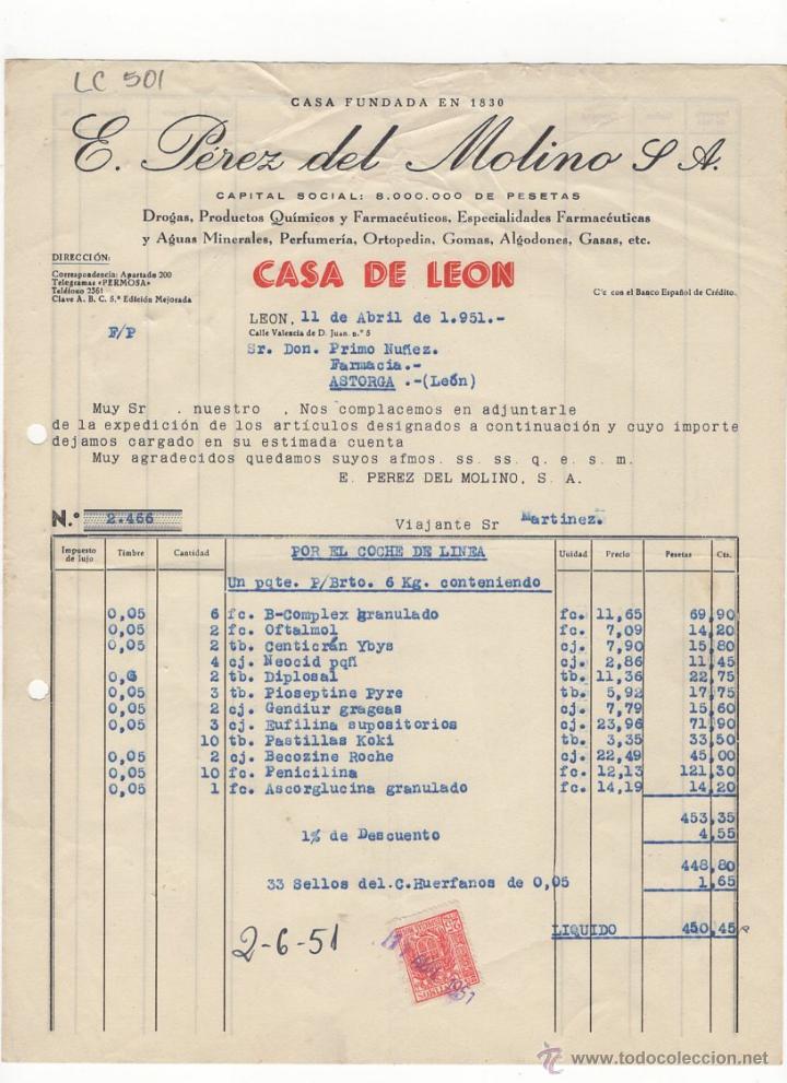 Facturas antiguas: FACTURA.E.PEREZ DEL MOLINO, S.A.FARMACIA,LEON 1951.