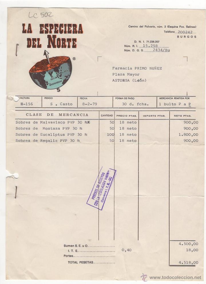 Facturas antiguas: FACTURA.LA ESPECIERA DEL NORTE.ASTORGA,1979.