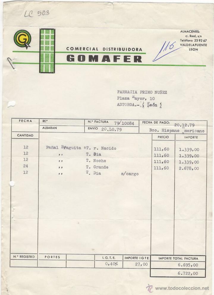 Facturas antiguas: FACTURA.COMERCIAL DISTRIBUIDORA GOMAFER.LEON ,1979.