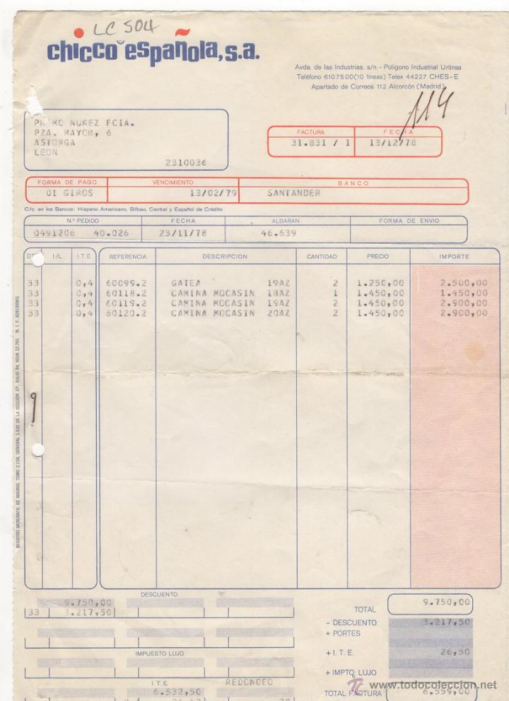 Facturas antiguas: FACTURA.CHICCO ESPA&Ntilde;OLA,S.A.FARMACIA.LEON,1979.