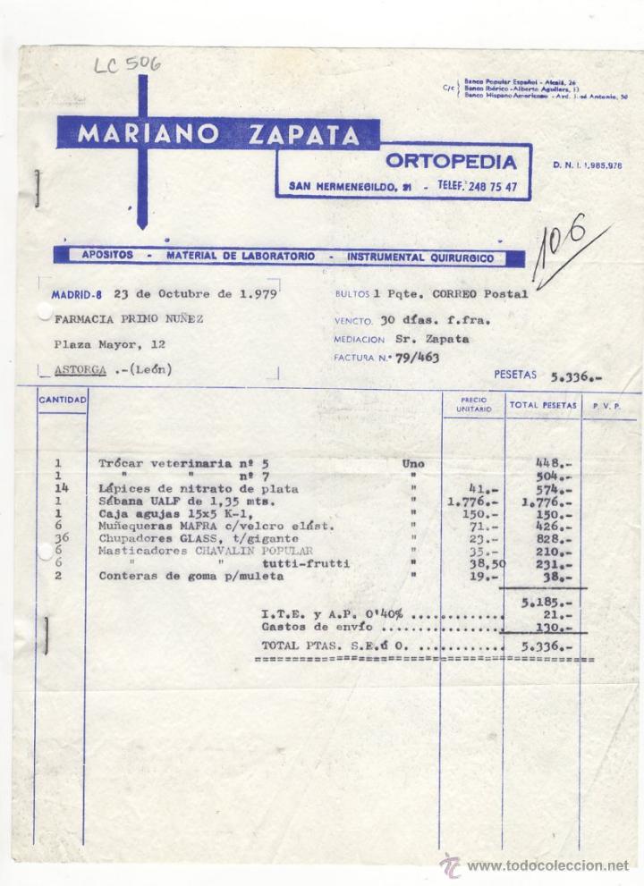 Facturas antiguas: FACTURA.MARIANO ZAPATA.ORTOPEDIA.MADRID,1979.