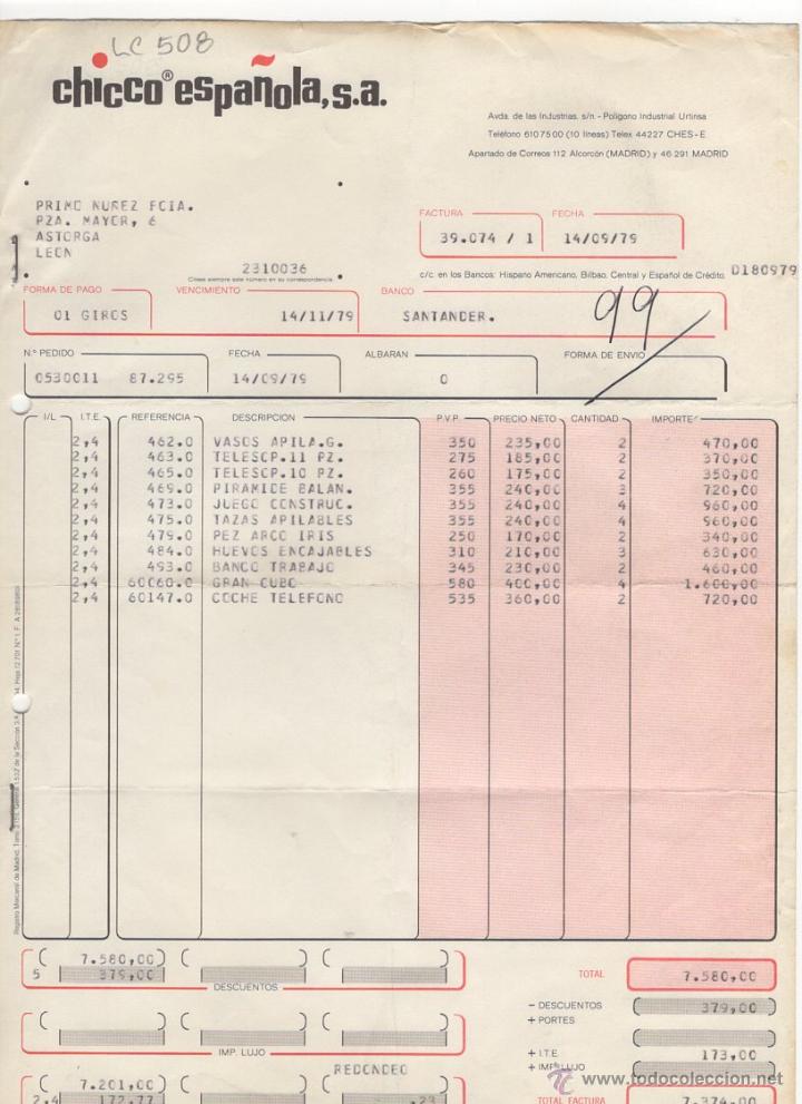 Facturas antiguas: FACTURA.CHICCO ESPA&Ntilde;OLA,S.A.FARMACIA.LEON,1979.