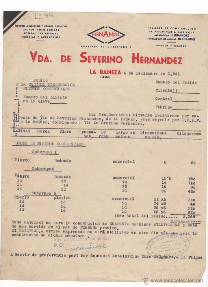 Facturas antiguas: FACTURA.VDA DE SEVERINO HERNANDEZ.LEON 1941.