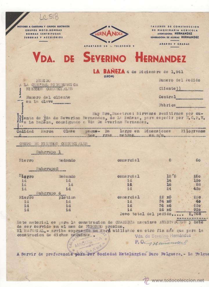 Facturas antiguas: FACTURA.VDA DE SEVERINO HERNANDEZ.LEON 1941.