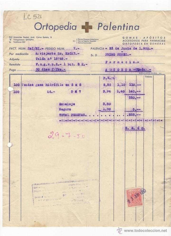 Facturas antiguas: FACTURA.ORTOPEDIA PALENTINA .FARMACIA.ASTORGA,1950.