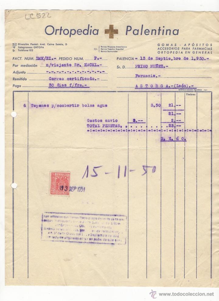 Facturas antiguas: FACTURA.ORTOPEDIA PALENTINA .FARMACIA.ASTORGA,1950.
