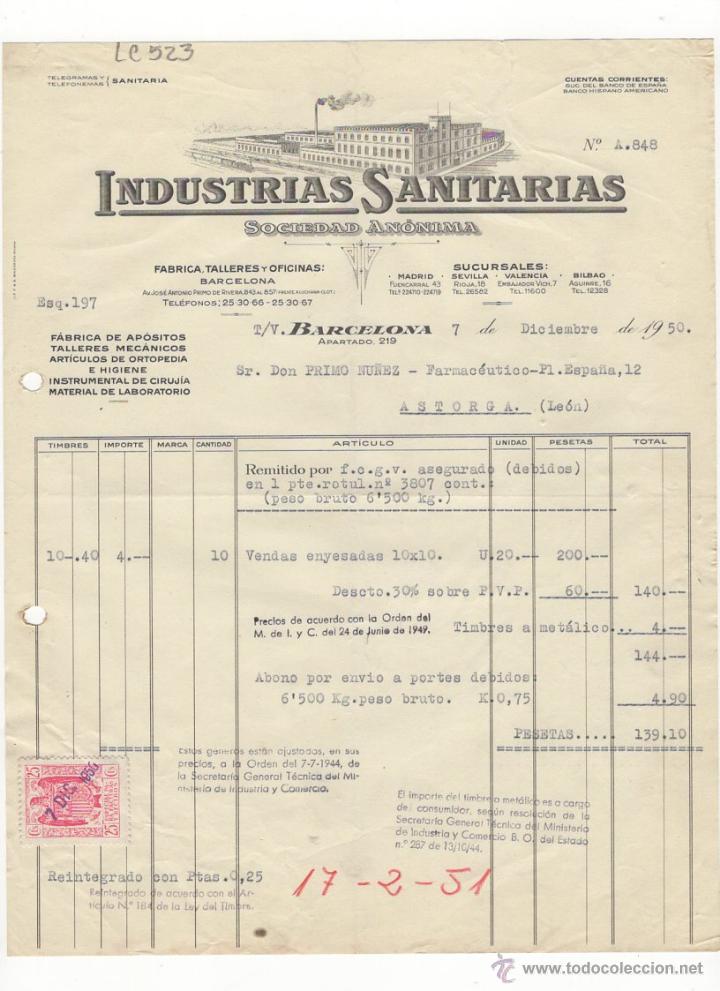 Facturas antiguas: FACTURA.INDUSTRIAS SANITARIAS,S.A.,BARCELONA,1950.